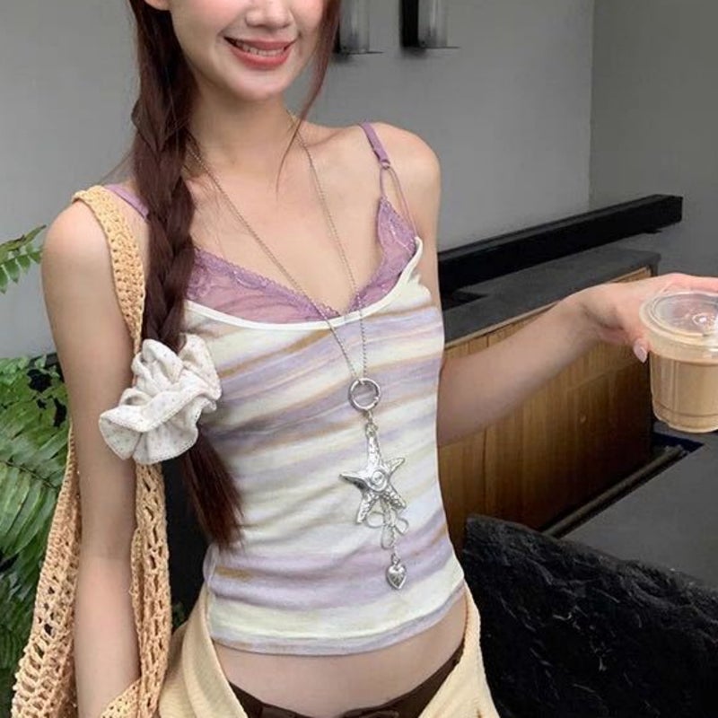 صديري نسائي صيفي بدون أكمام بتصميم دانتيل مخطط وأشرطة قابلة للتعديل - Image 1