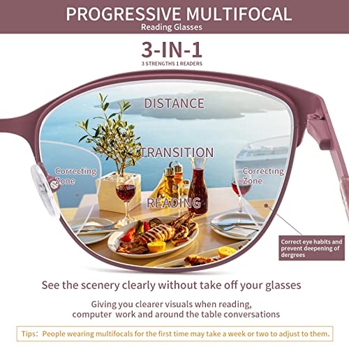 Kafirlo Progressive Multifocal Reading Glasses Women Metal Frame No Line Multifocus Transition Blue Light Blocking Computer Readers Multi Focus Stylish Designer Ladies Lightweight Cateye Eyeglass 1.50 - Image 3