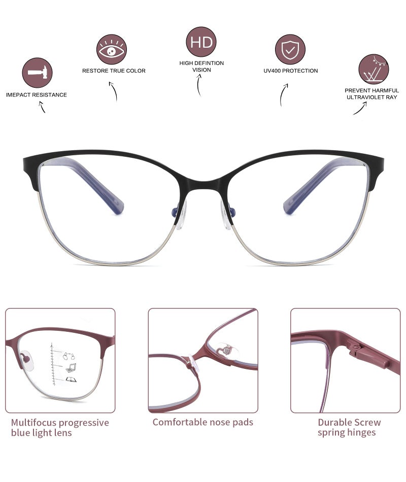 Kafirlo Progressive Multifocal Reading Glasses Women Metal Frame No Line Multifocus Transition Blue Light Blocking Computer Readers Multi Focus Stylish Designer Ladies Lightweight Cateye Eyeglass 1.50 - Image 5