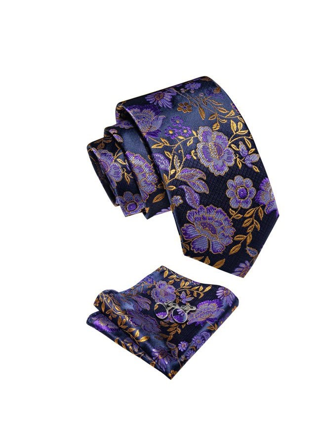 YourTies Silk Paisley Floral Tie and Pocket Square Cufflinks with Lapel Pin Sets for Men 5PC Wedding Party, Purple Floral, M - Image 2