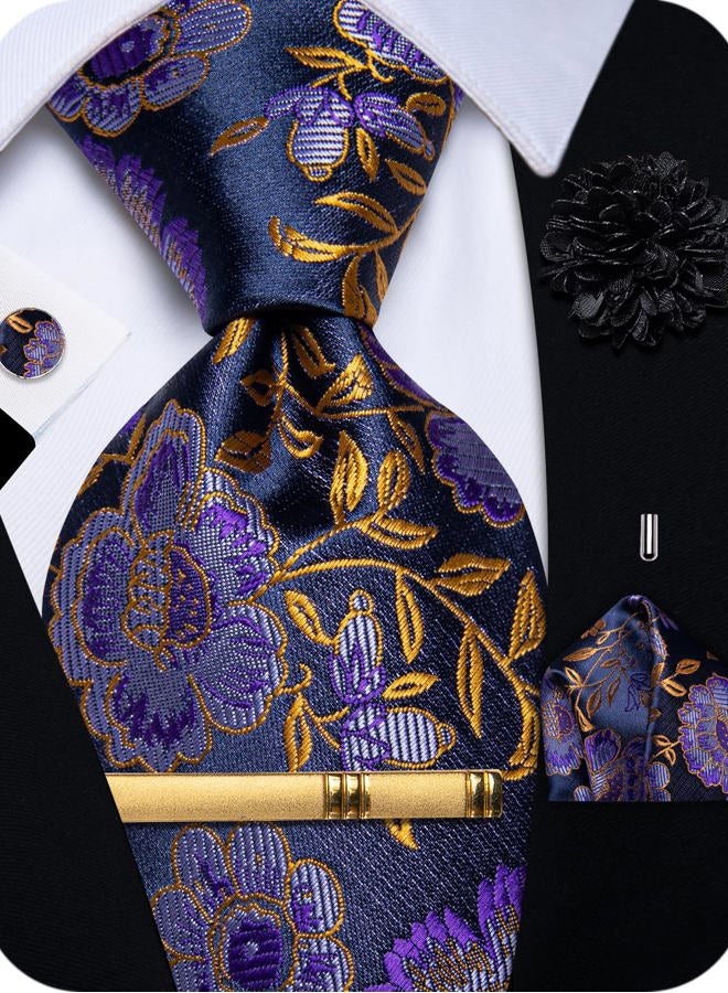 YourTies Silk Paisley Floral Tie and Pocket Square Cufflinks with Lapel Pin Sets for Men 5PC Wedding Party, Purple Floral, M - Image 1