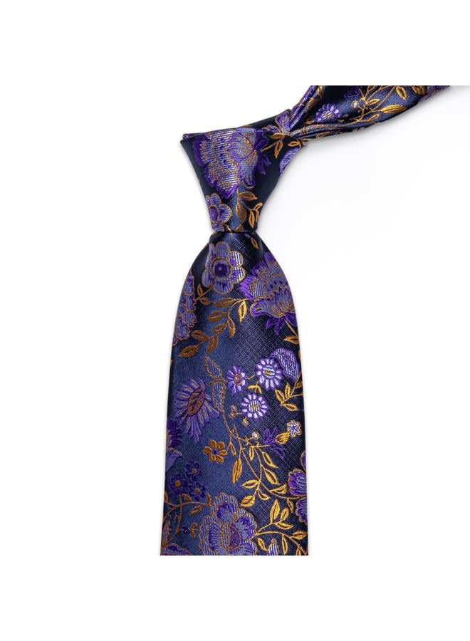 YourTies Silk Paisley Floral Tie and Pocket Square Cufflinks with Lapel Pin Sets for Men 5PC Wedding Party, Purple Floral, M - Image 4