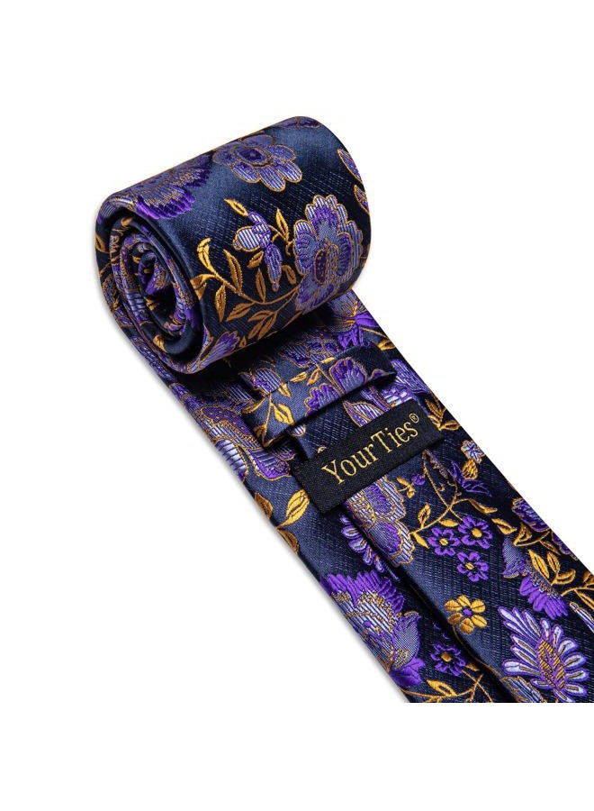 YourTies Silk Paisley Floral Tie and Pocket Square Cufflinks with Lapel Pin Sets for Men 5PC Wedding Party, Purple Floral, M - Image 3