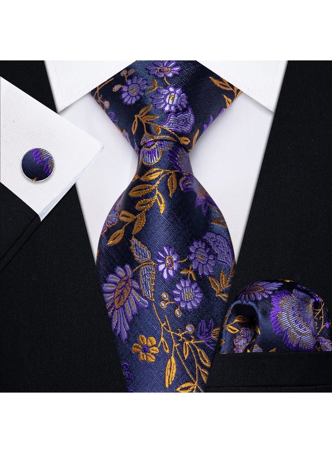 YourTies Silk Paisley Floral Tie and Pocket Square Cufflinks with Lapel Pin Sets for Men 5PC Wedding Party, Purple Floral, M - Image 5