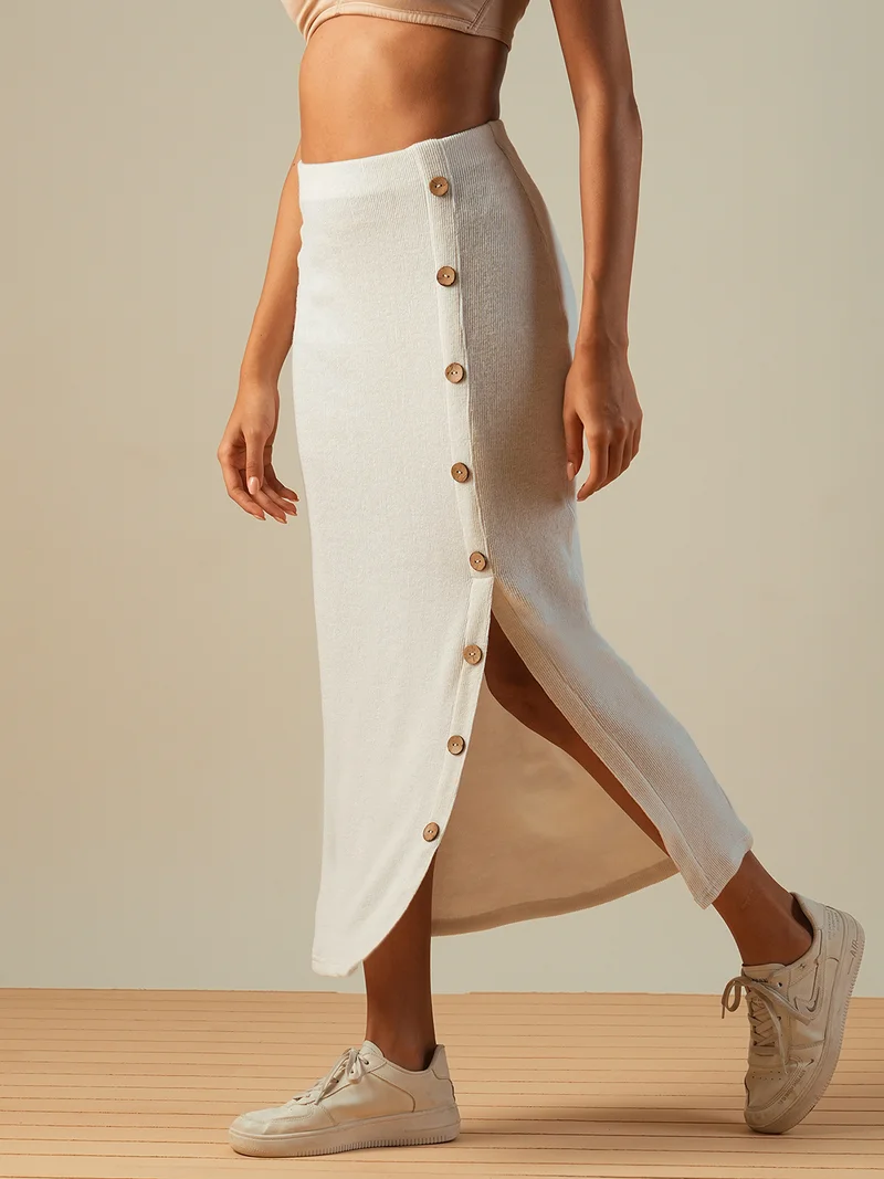 globus Women Self Design Button Detail Mid-Rise Side Slit Midi Pencil Skirt
