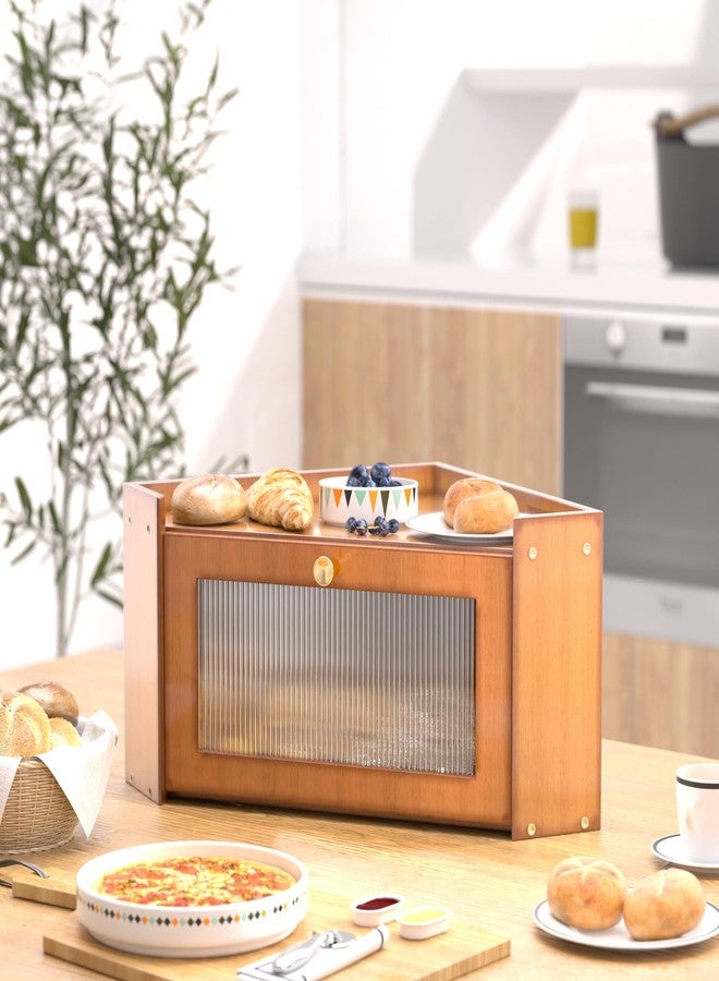 TQQDCI corner bread box for kitchen countertop,Vintage Wooden Counter Organizer, Bamboo Bread Storage Bin for Homemade Bread, Small Farmhouse Corner Breadbox Container with Acrylic Window, Vintage - Image 3