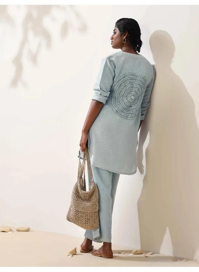 ترو برونز trueBrowns Ciel Blue Crochet Natural Cotton Kurta Co-ord Set