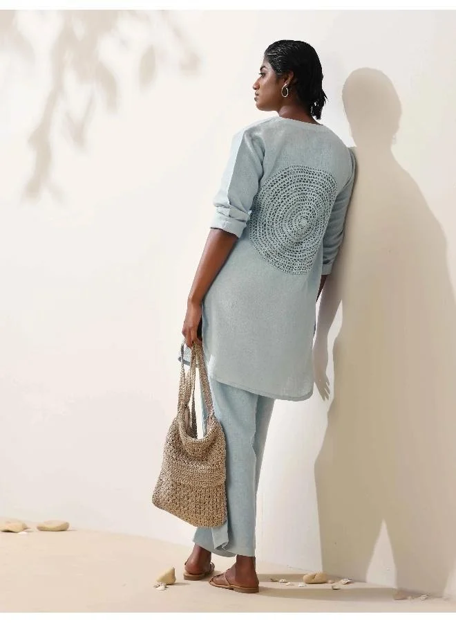 trueBrowns Ciel Blue Crochet Natural Cotton Kurta Co-ord Set