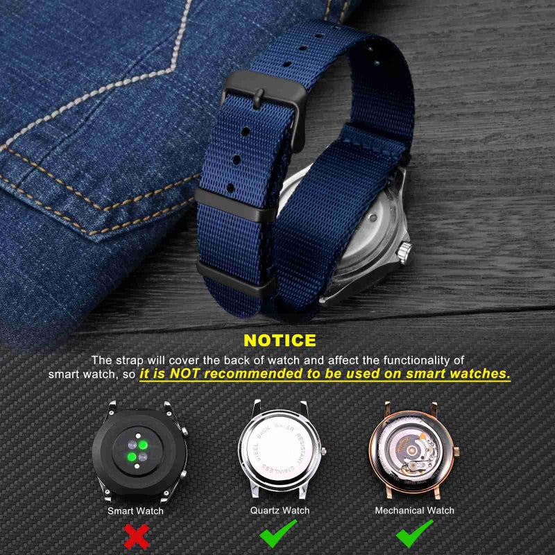 WOCCI 18mm Military Nylon Watch Band, One-piece Nylon Strap for Men and Women, Black Buckle (Blue) - Image 2
