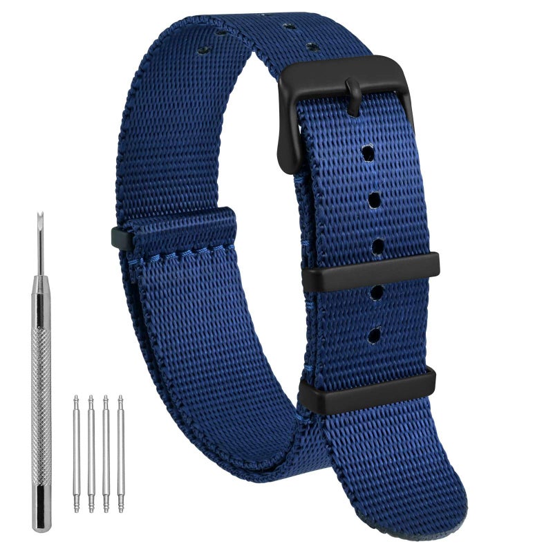 WOCCI 18mm Military Nylon Watch Band, One-piece Nylon Strap for Men and Women, Black Buckle (Blue) - Image 1