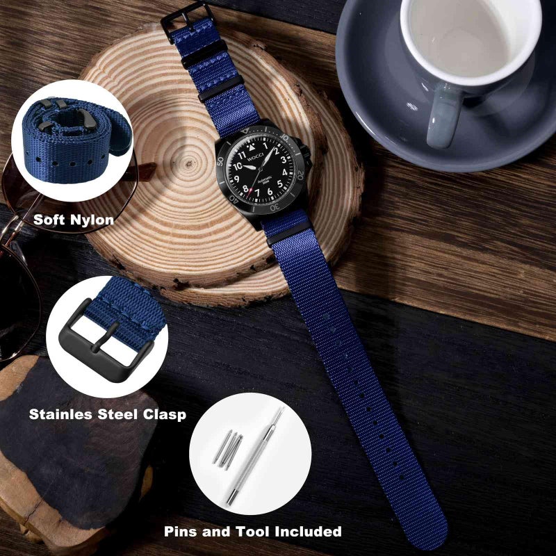 WOCCI 18mm Military Nylon Watch Band, One-piece Nylon Strap for Men and Women, Black Buckle (Blue) - Image 3