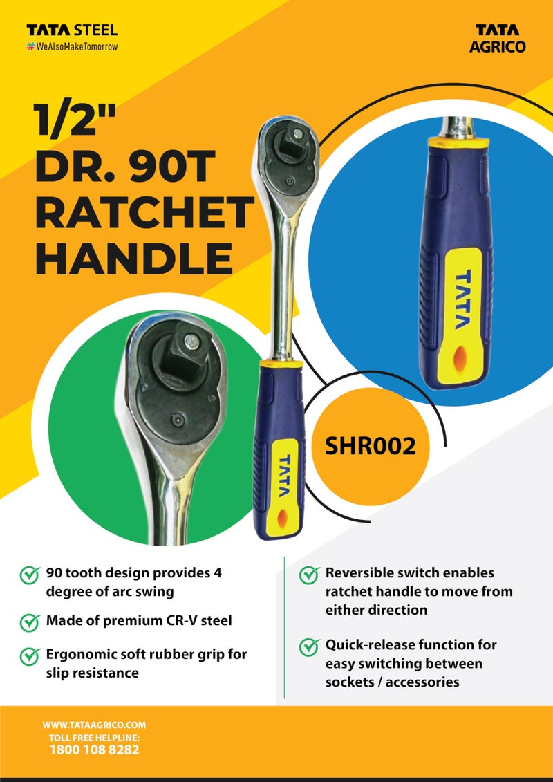 AGRICO TATA 1/2 Inch Drive 90-Tooth Ratchet Handle (SHR002) | Reversible Socket Wrench with Quick Release | Chrome Vanadium Steel | Ergonomic Grip for Mechanics, Garage & Workshop | Pack of 1 - Image 2