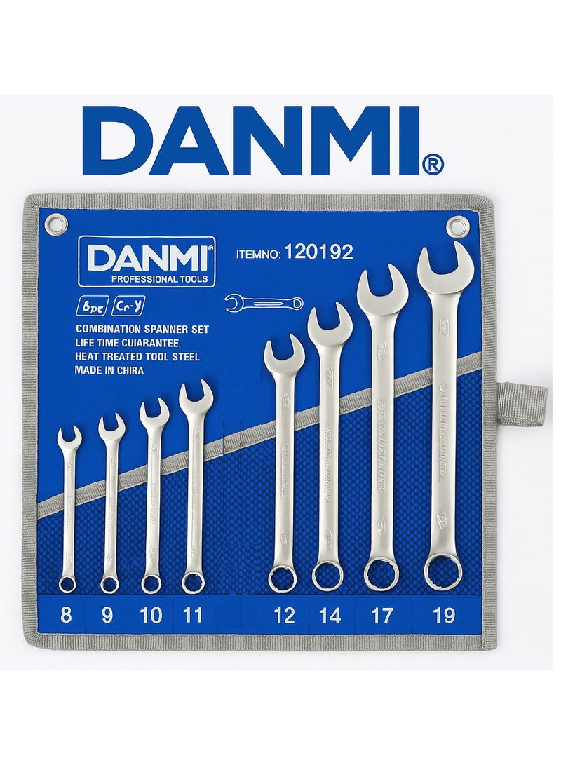 دانمي – طقم مفاتيح كومبينشن 8 قطع (8–19 مم) – مفاتيح جهة مفتوح وجهة مغلق من فولاذ CR-V مع حافظة قماش لف، تشطيب ساتان كروم – رقم الصنف 120192 - Image 1