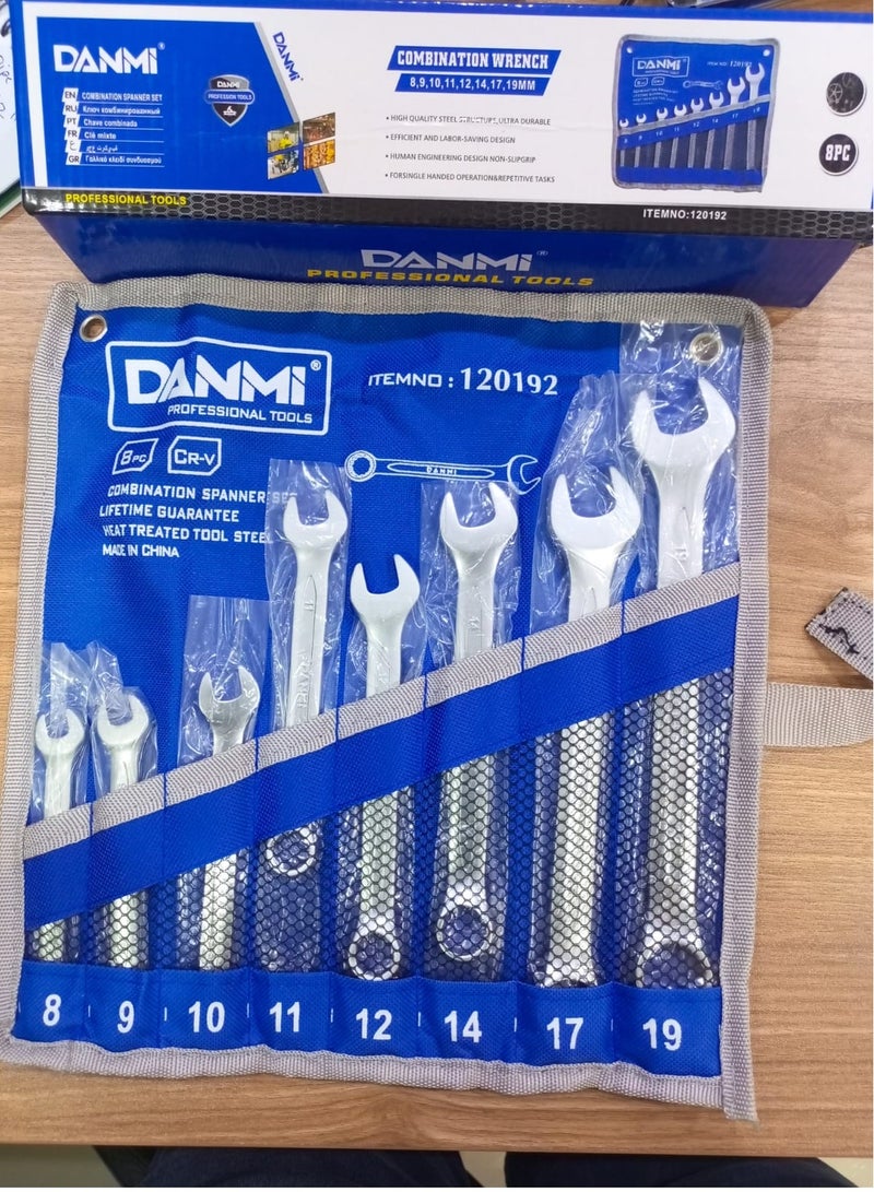 دانمي – طقم مفاتيح كومبينشن 8 قطع (8–19 مم) – مفاتيح جهة مفتوح وجهة مغلق من فولاذ CR-V مع حافظة قماش لف، تشطيب ساتان كروم – رقم الصنف 120192 - Image 2