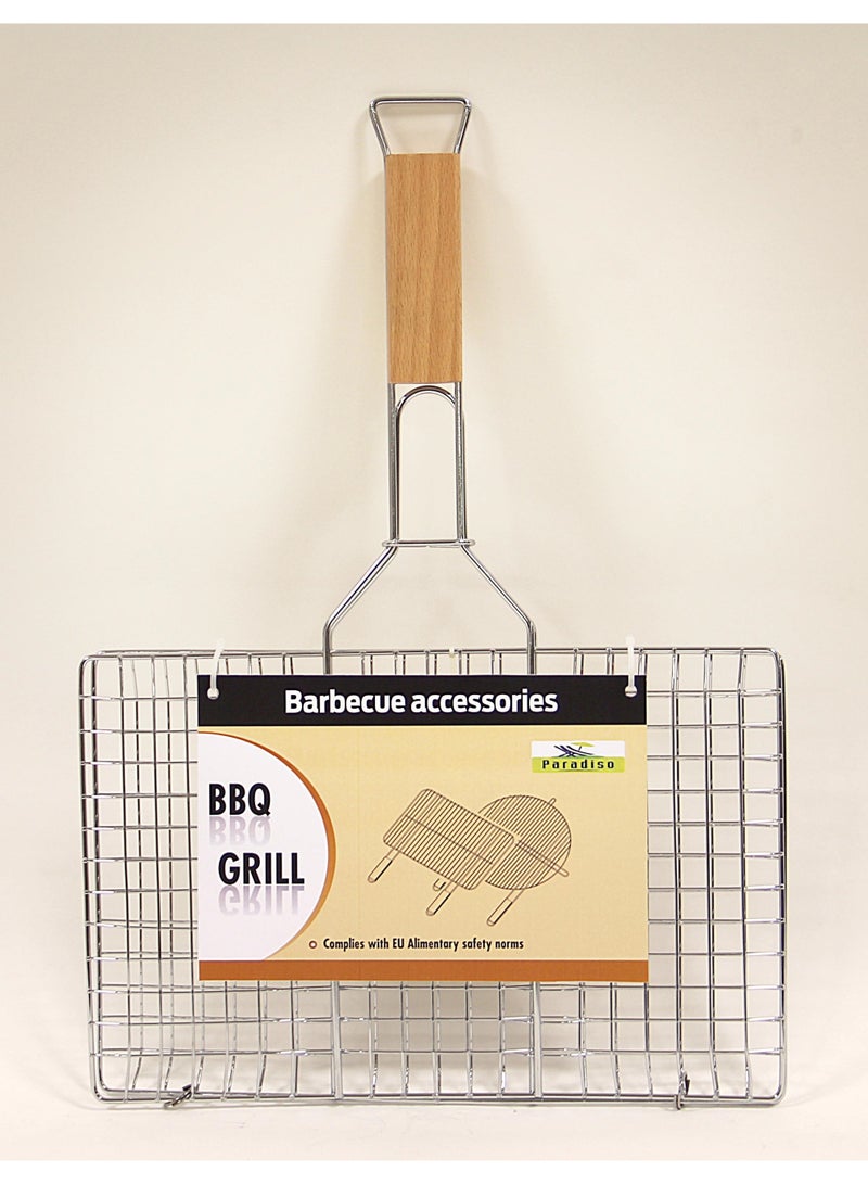 Paradiso BBQ Grill Basket Chrome Steel Wooden Handle 6 Burgers, Chrome Steel Wire Grid, Long Wooden Handle, 6 Hamburger Capacity, EU Safety Compliant, Barbecue Accessory