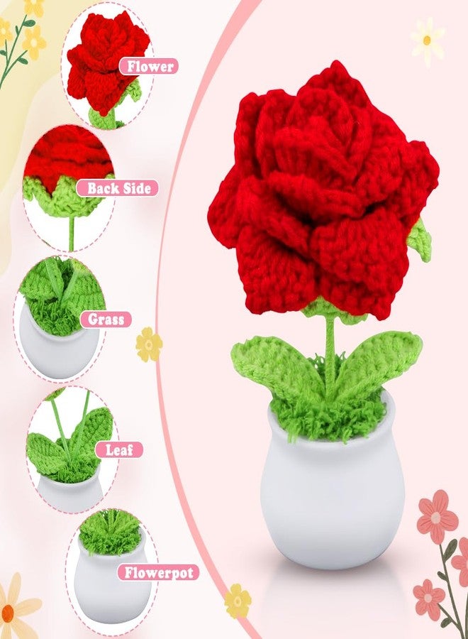 Eforcase 6PCS Crochet Flower Pot, Cute Rose Handmade Flower Rose Crochet Small Flowers for Mom Teacher Wife Friend, Desk Decor Graduation Birthday Gift for Her Home Office Car - Image 5