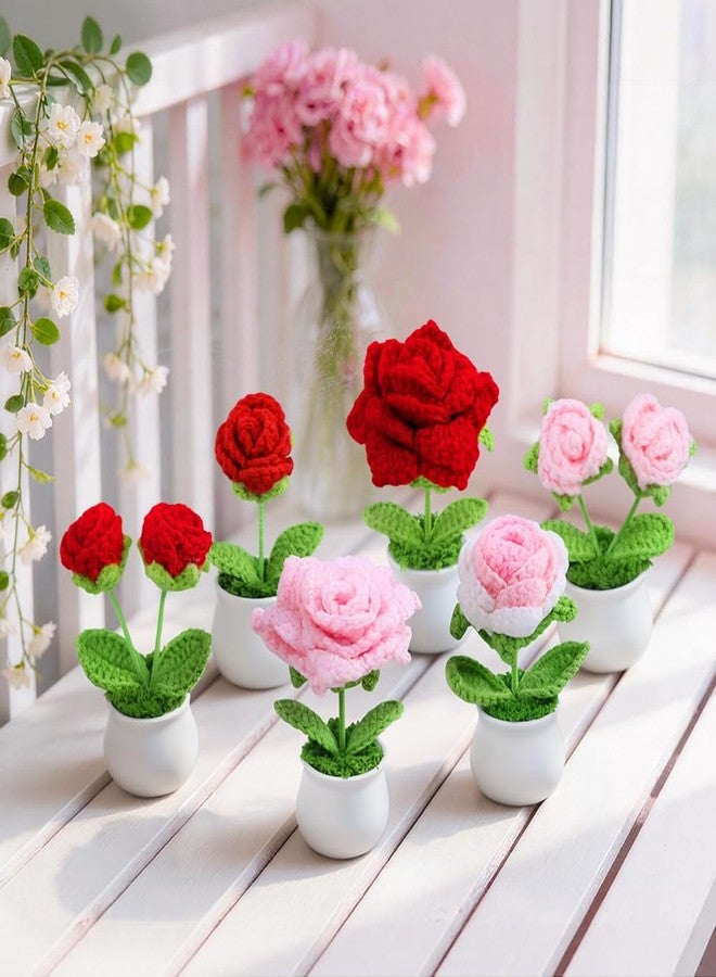 Eforcase 6PCS Crochet Flower Pot, Cute Rose Handmade Flower Rose Crochet Small Flowers for Mom Teacher Wife Friend, Desk Decor Graduation Birthday Gift for Her Home Office Car - Image 1