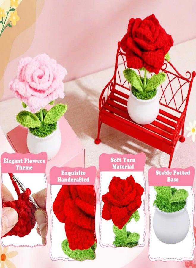 Eforcase 6PCS Crochet Flower Pot, Cute Rose Handmade Flower Rose Crochet Small Flowers for Mom Teacher Wife Friend, Desk Decor Graduation Birthday Gift for Her Home Office Car - Image 4