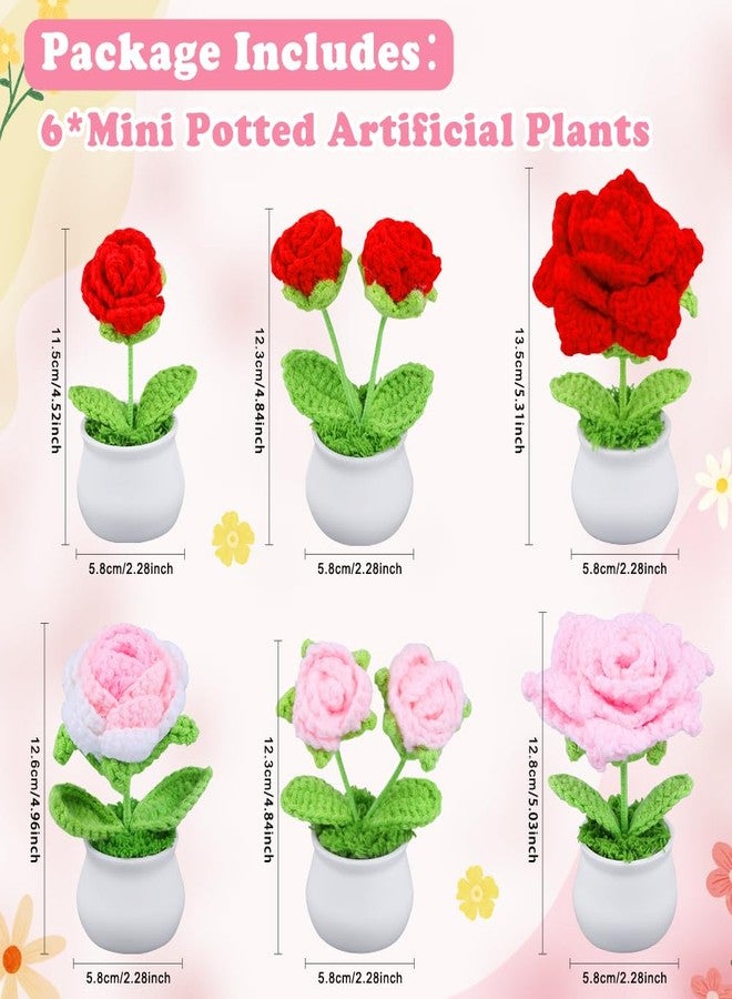 Eforcase 6PCS Crochet Flower Pot, Cute Rose Handmade Flower Rose Crochet Small Flowers for Mom Teacher Wife Friend, Desk Decor Graduation Birthday Gift for Her Home Office Car - Image 3