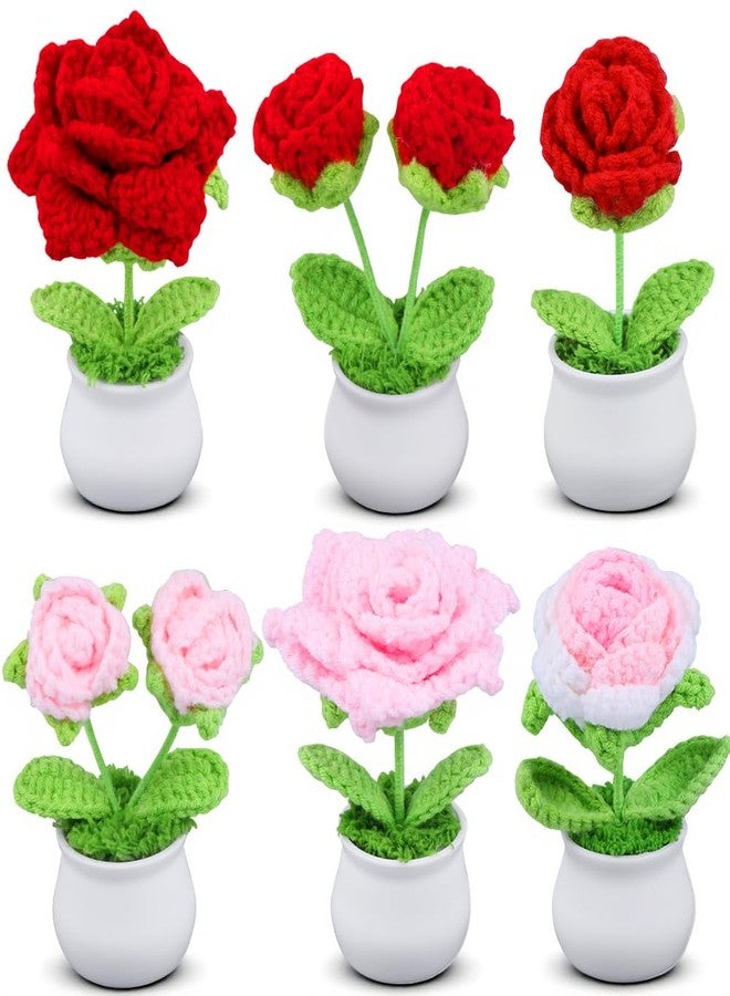 Eforcase 6PCS Crochet Flower Pot, Cute Rose Handmade Flower Rose Crochet Small Flowers for Mom Teacher Wife Friend, Desk Decor Graduation Birthday Gift for Her Home Office Car - Image 2