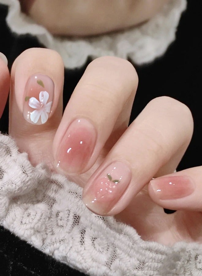 NIBEMINENT 24Pcs Fake Nails, Press Nails In Box,Short-length Flat head shaped Solid Gradient Pink Red Color Shiny Nail Art,Flower Peach,Fake Nail Patch - Image 1