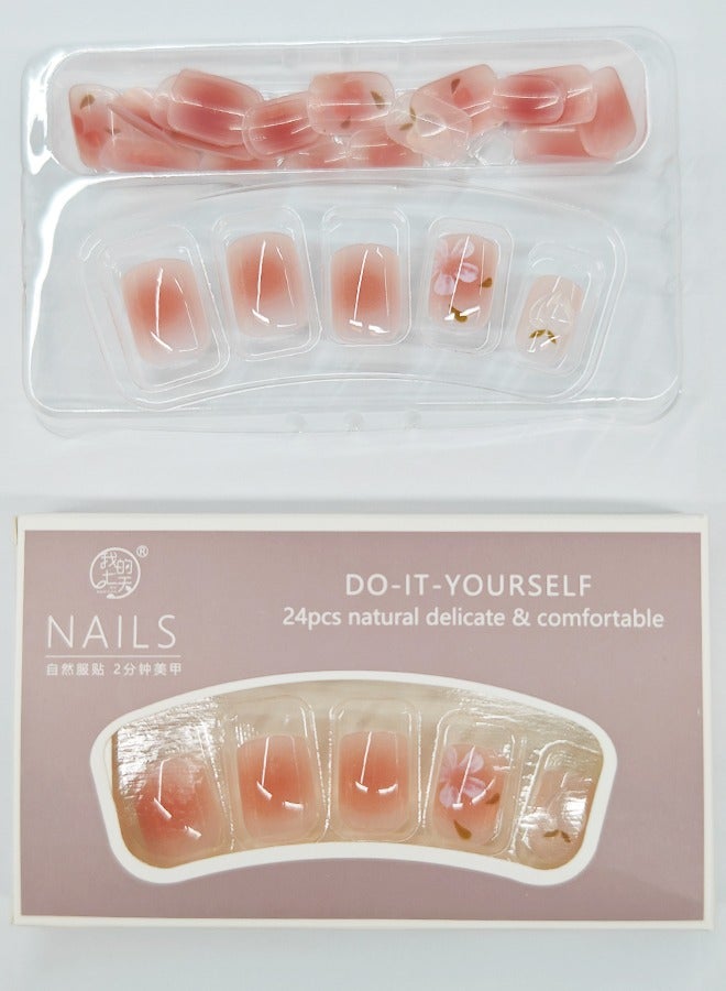 NIBEMINENT 24Pcs Fake Nails, Press Nails In Box,Short-length Flat head shaped Solid Gradient Pink Red Color Shiny Nail Art,Flower Peach,Fake Nail Patch - Image 2