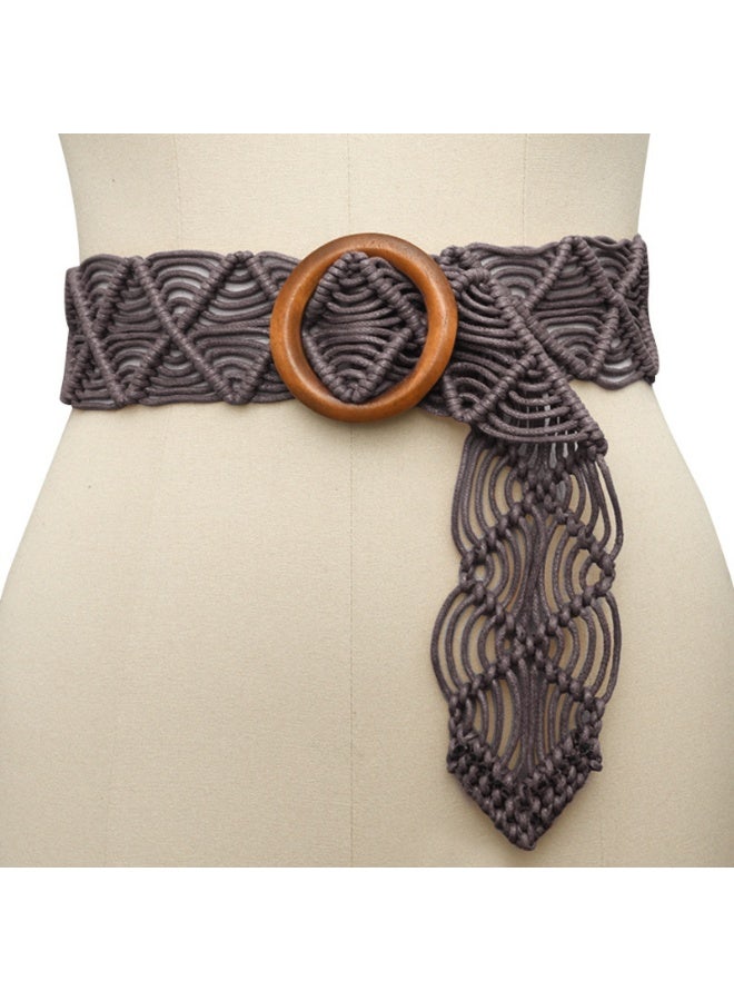 حبل الشمع المنسوجة حزام المنسوجة يدويا حزام أجوف المرأة حزام مشبك الخشب الزخرفية حزام التنورة (القهوة) - Image 4
