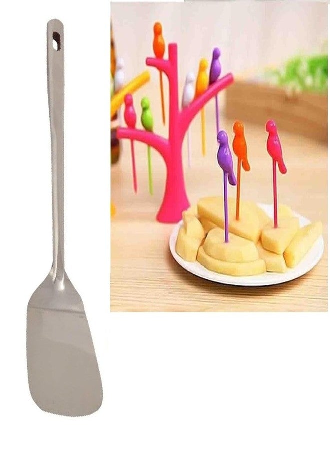 BLUE WONDER Stainless Steel Cooking Spoon Strainer Palta & Long Handle Combo Plastic Bird Fruit Fork Set with Stand 6-Pieces Multicolour | Multipurpose | Lightweight | Multicolour | Pack of 2