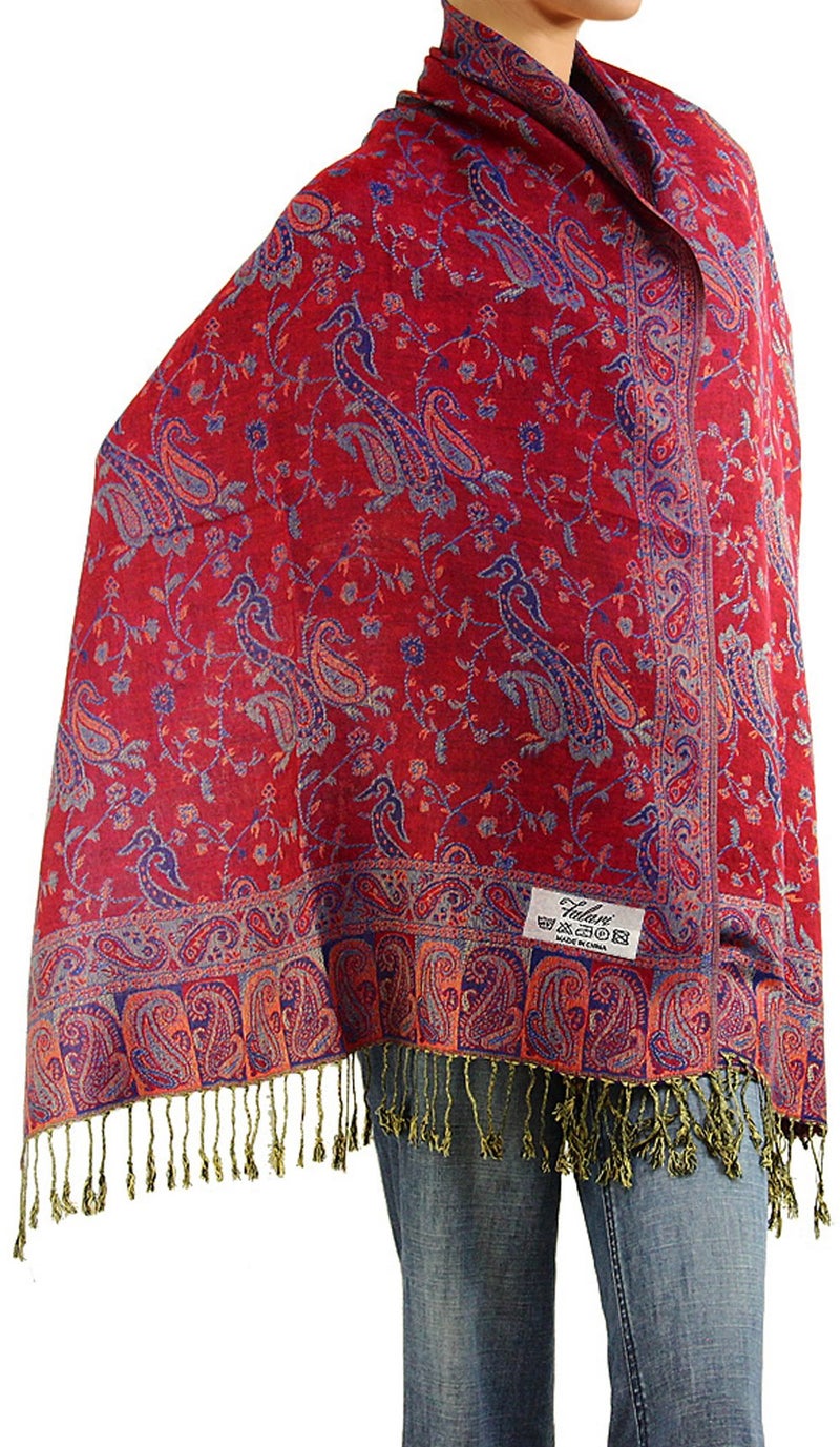 Falari Women's Woven Paisley Pashmina Shawl Wrap Scarf 80" x 27" (Style 1 - Red Blue) - Image 1
