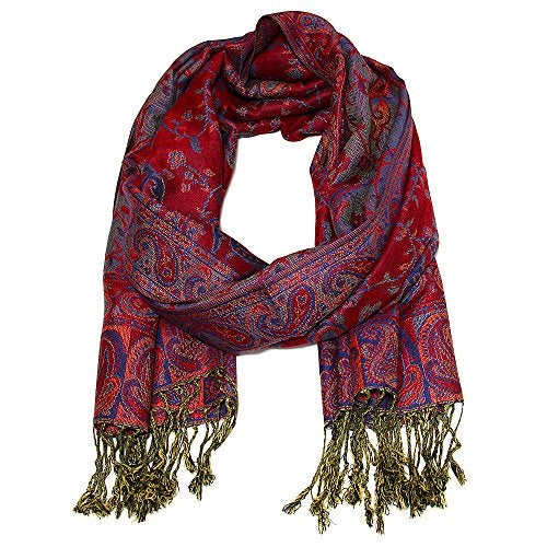 Falari Women's Woven Paisley Pashmina Shawl Wrap Scarf 80" x 27" (Style 1 - Red Blue) - Image 3