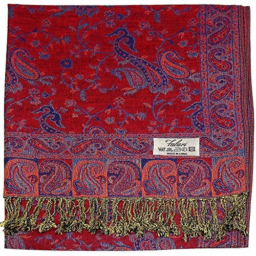 Falari Women's Woven Paisley Pashmina Shawl Wrap Scarf 80" x 27" (Style 1 - Red Blue) - Image 2
