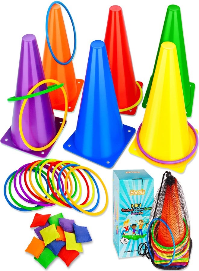 Eocolz 3 in 1 Carnival Games Set, Soft Plastic Cones Bean Bags Ring Toss Games for Kids Birthday Party Outdoor Games Supplies Combo Set - Image 1
