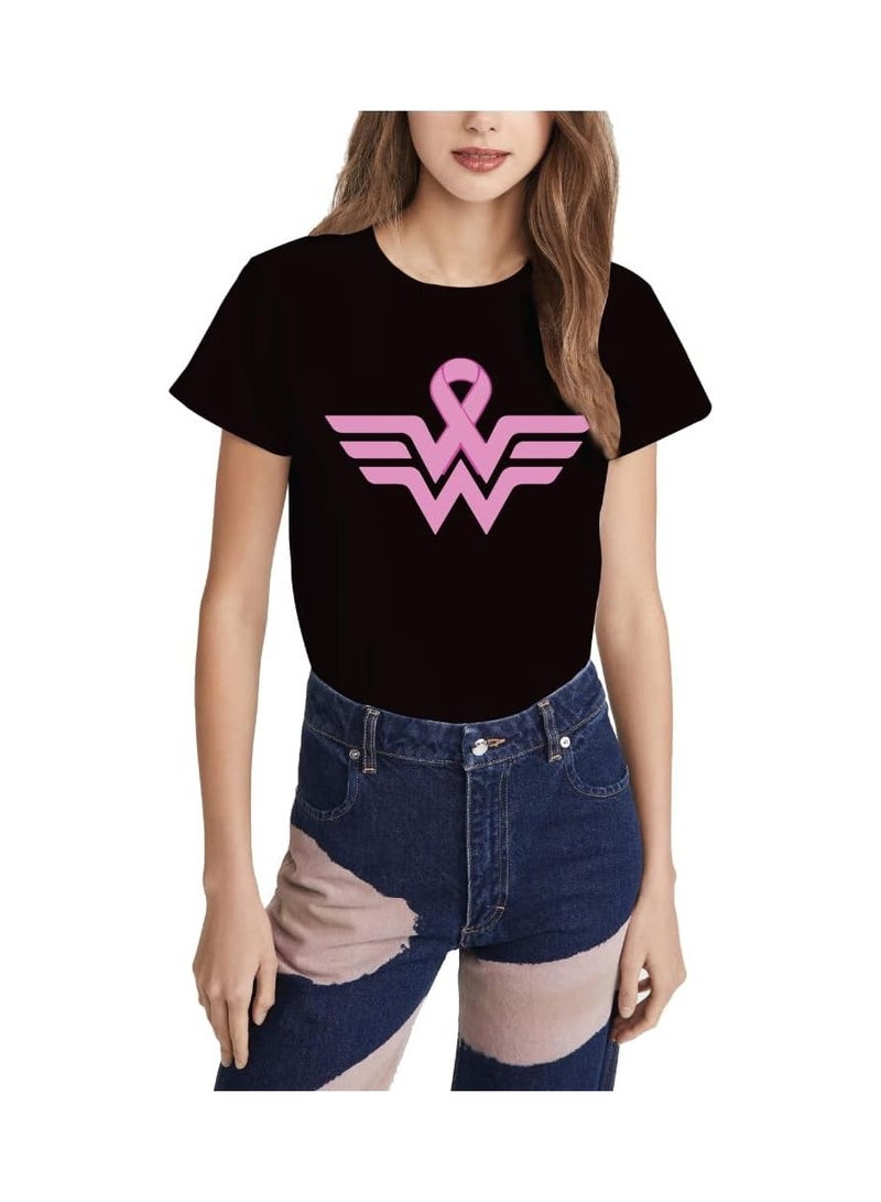 PRINTSHOP4ME Women’s Empowerment T-Shirt – Black Round Neck Tee With Pink Ribbon Wing Graphic | Cotton Cancer Awareness Top For Women | Stylish & Supportive Wear - Image 1