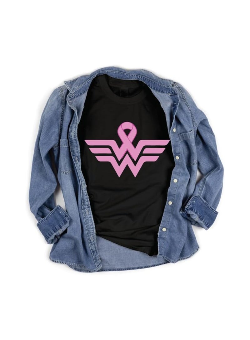 PRINTSHOP4ME Women’s Empowerment T-Shirt – Black Round Neck Tee With Pink Ribbon Wing Graphic | Cotton Cancer Awareness Top For Women | Stylish & Supportive Wear - Image 3