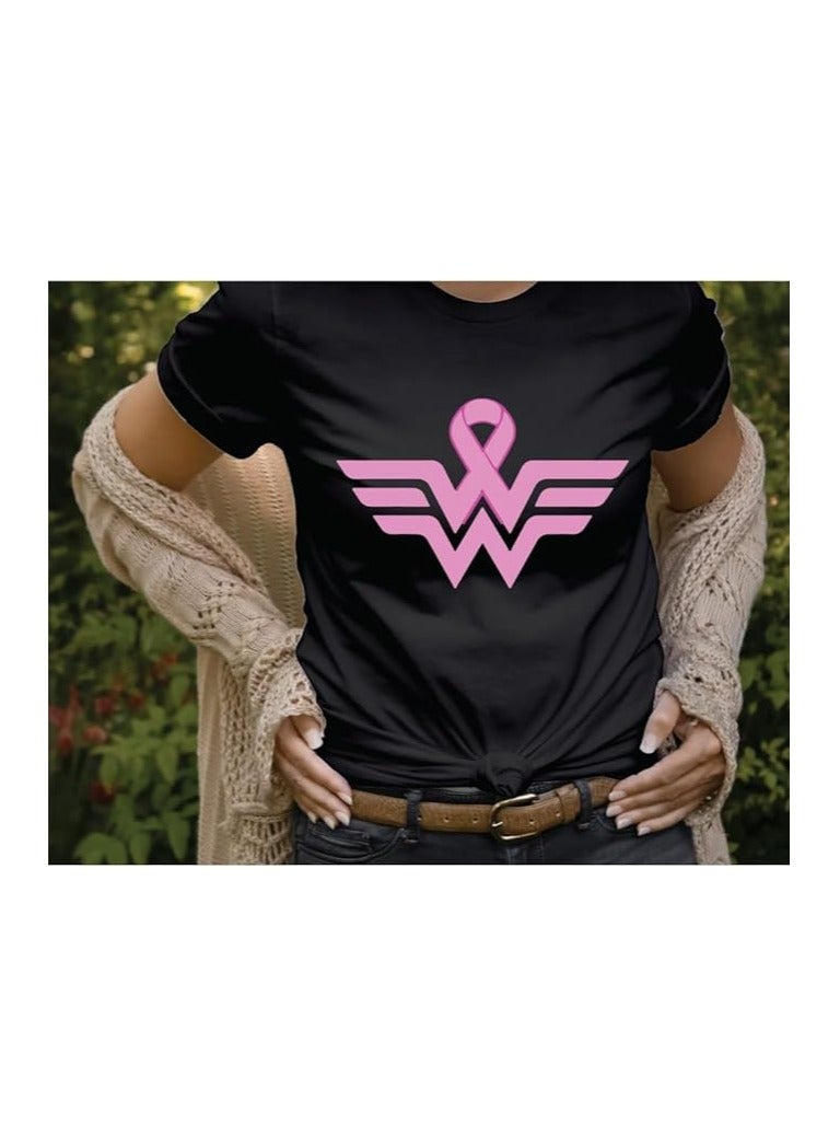 PRINTSHOP4ME Women’s Empowerment T-Shirt – Black Round Neck Tee With Pink Ribbon Wing Graphic | Cotton Cancer Awareness Top For Women | Stylish & Supportive Wear - Image 4