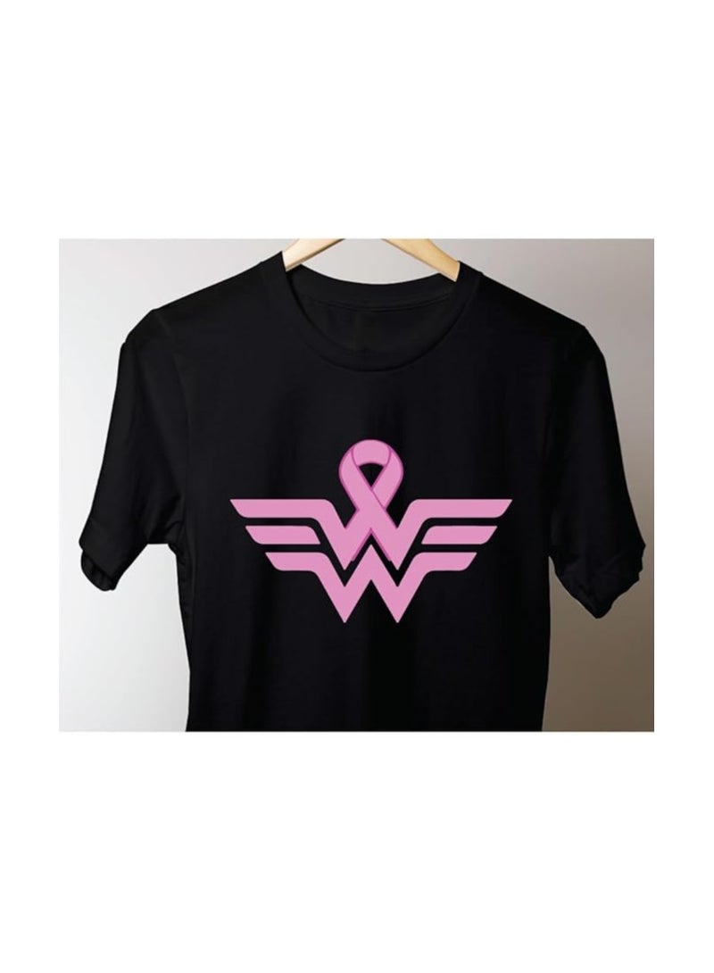 PRINTSHOP4ME Women’s Empowerment T-Shirt – Black Round Neck Tee With Pink Ribbon Wing Graphic | Cotton Cancer Awareness Top For Women | Stylish & Supportive Wear - Image 5