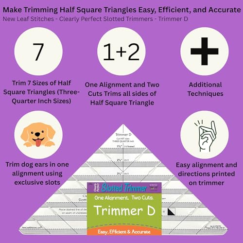 New Leaf Stitches Cleary Perfect Slotted Trimmer D by New Leaf Stitches – Quilting Ruler Template and Stencil for Cutting All Sides of Half Square Triangles – 7 Quarter-Inch Slotted Sizes 1.75 Inch to 7.75 Inch - Image 2