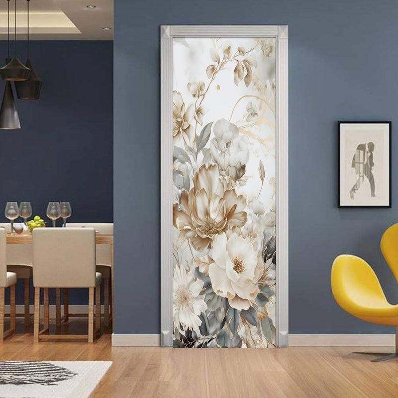 REDAMANCY Vintage White Grey Peony Florals Peel and Stick Door Stickers Vinyl Mural Decals Decor Modern Wallpaper Self-Adhesive, Waterproof, Removable - Image 3