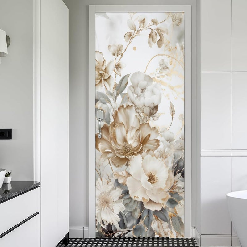 REDAMANCY Vintage White Grey Peony Florals Peel and Stick Door Stickers Vinyl Mural Decals Decor Modern Wallpaper Self-Adhesive, Waterproof, Removable - Image 1
