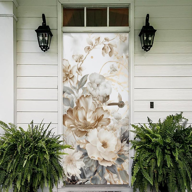 REDAMANCY Vintage White Grey Peony Florals Peel and Stick Door Stickers Vinyl Mural Decals Decor Modern Wallpaper Self-Adhesive, Waterproof, Removable - Image 5