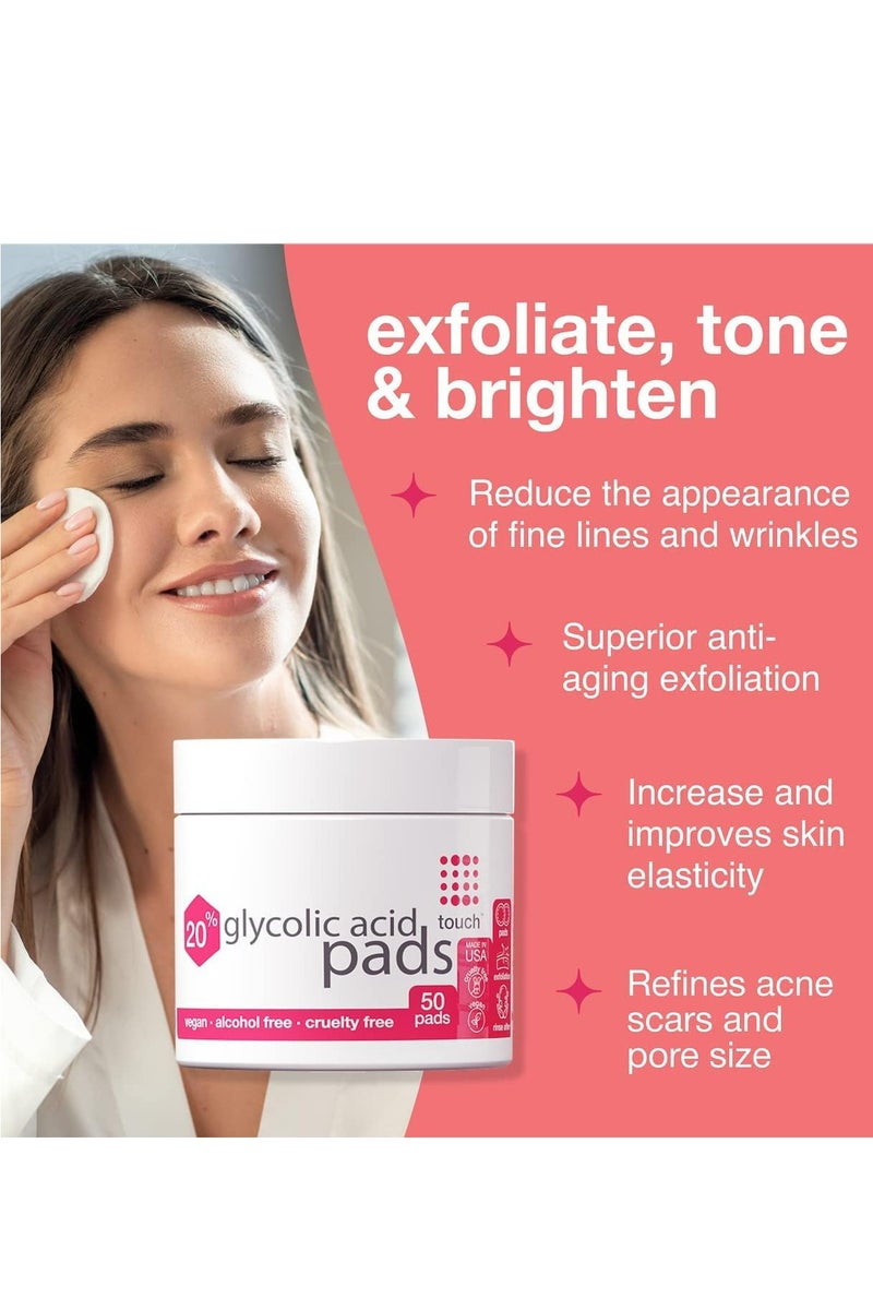 Touch 20% Glycolic Acid Pads Exfoliating And Resurfacing AHA Peel Face Wipes Best For Anti Aging Dullness Pores Acne Scars Fine Wrinkles Uneven Skin Tone And Texture Hyperpigmentation 50 Count - Image 2