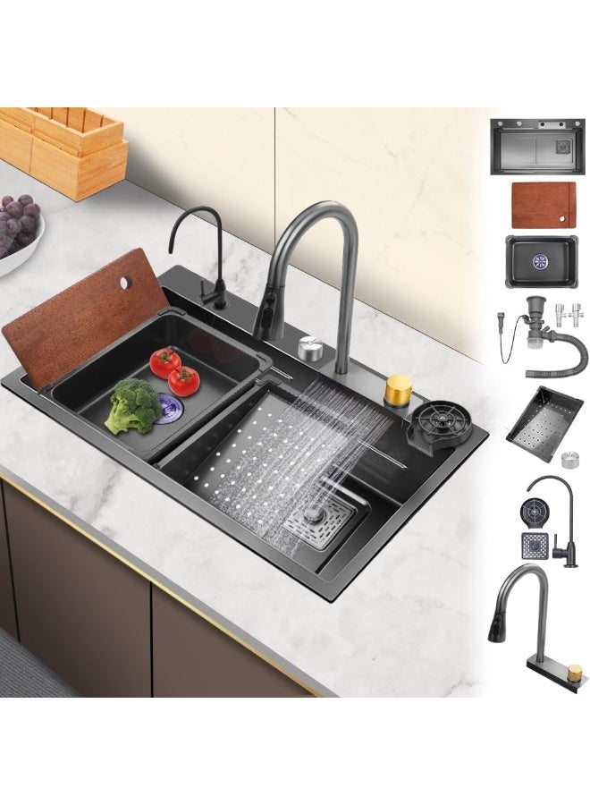 Modern Stainless Steel Undermount Sink with Dual Basin, Vegetable Basin, Pull-Out Tap, Cup Washer & Drainboard - Image 1