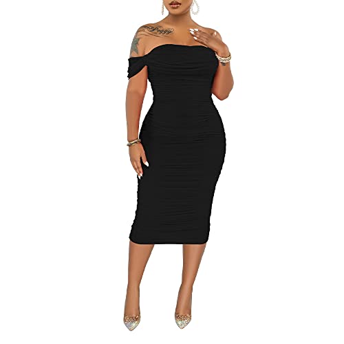PINSV Women Ruched Off Shoulder Dress Bodycon Party Elegant Midi Dresses XL Black - Image 5
