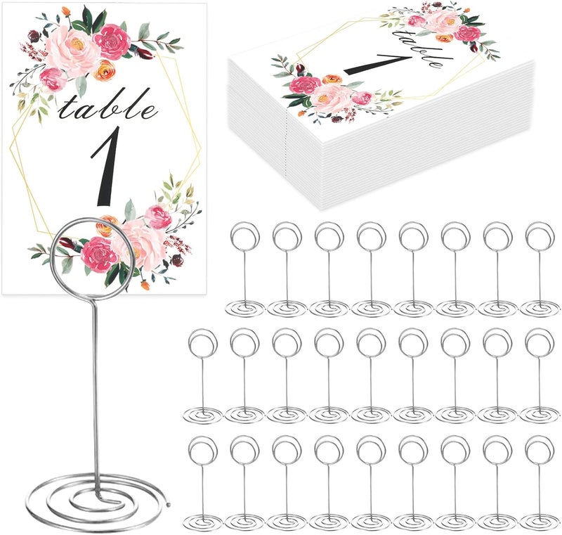 LeeLoon 26 PCS Table Number Holder - Table Card Holder Stand Wire Photo Holder with 26 Pcs Floral Table Number Cards, Place Card Holder Stand for Weddings Party Office Paper Memo Menu Note Clips - Image 1