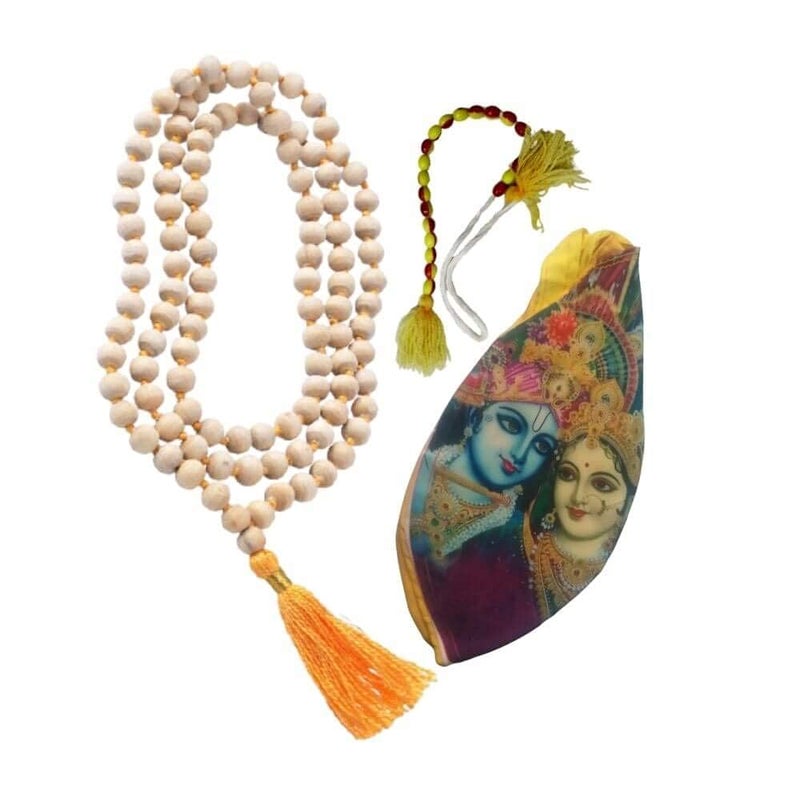 MAYAPURI Pure Cotton Multicolor Radha Krishna Printed Gomukhi Japa Mala Bag/Chating Bag/Beads Bag with Tulsi Japa Mala 108 Beads Original and Sakshi Mala Counter (1 Set) - Image 4