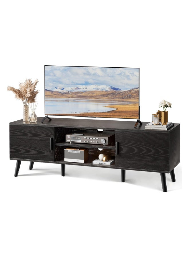 keke Tv Cabinet with Adjustable Shelf Solid Wood Feet For Living and Bedroom Black Color - Image 1