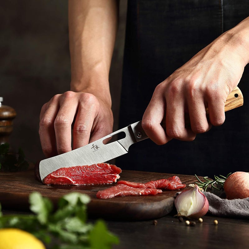 SENBON 440A stainless steel Ultra sharp pocket folding Chef knife peeling utility knife fruit knife Natural Olive Handle Camping BBQ trip Outdoor Portable kitchen knife - Image 5