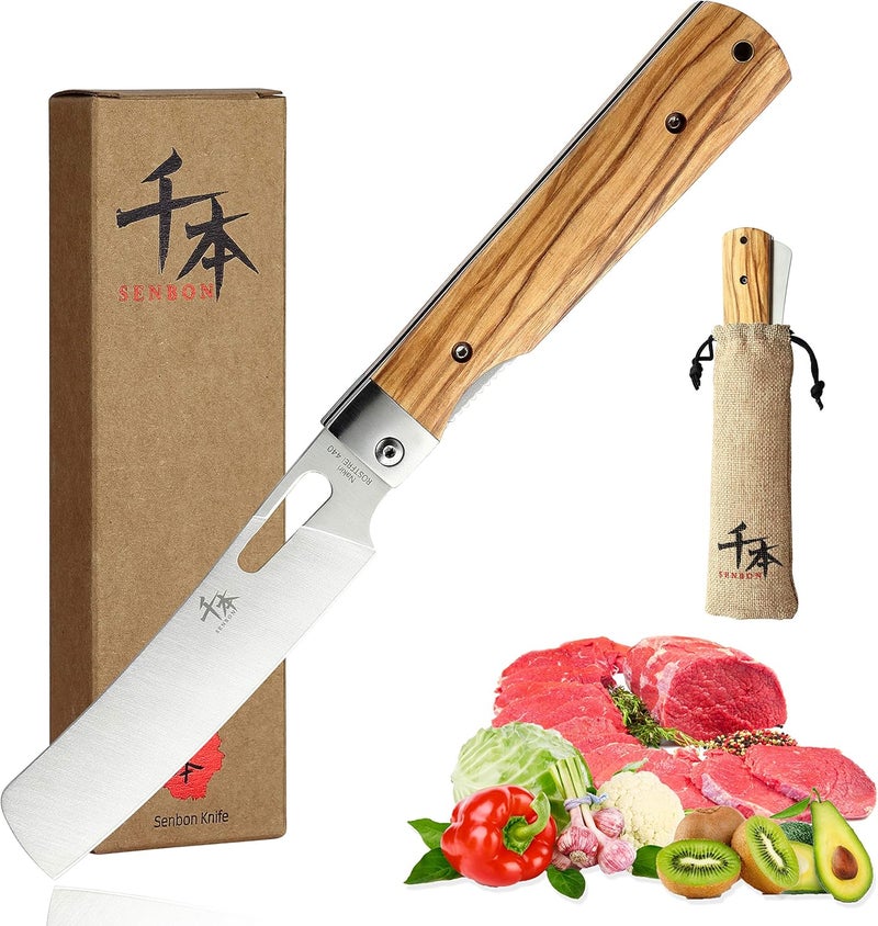 SENBON 440A stainless steel Ultra sharp pocket folding Chef knife peeling utility knife fruit knife Natural Olive Handle Camping BBQ trip Outdoor Portable kitchen knife - Image 1