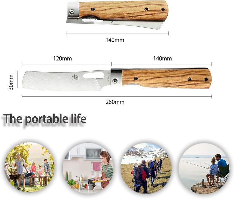 SENBON 440A stainless steel Ultra sharp pocket folding Chef knife peeling utility knife fruit knife Natural Olive Handle Camping BBQ trip Outdoor Portable kitchen knife - Image 2
