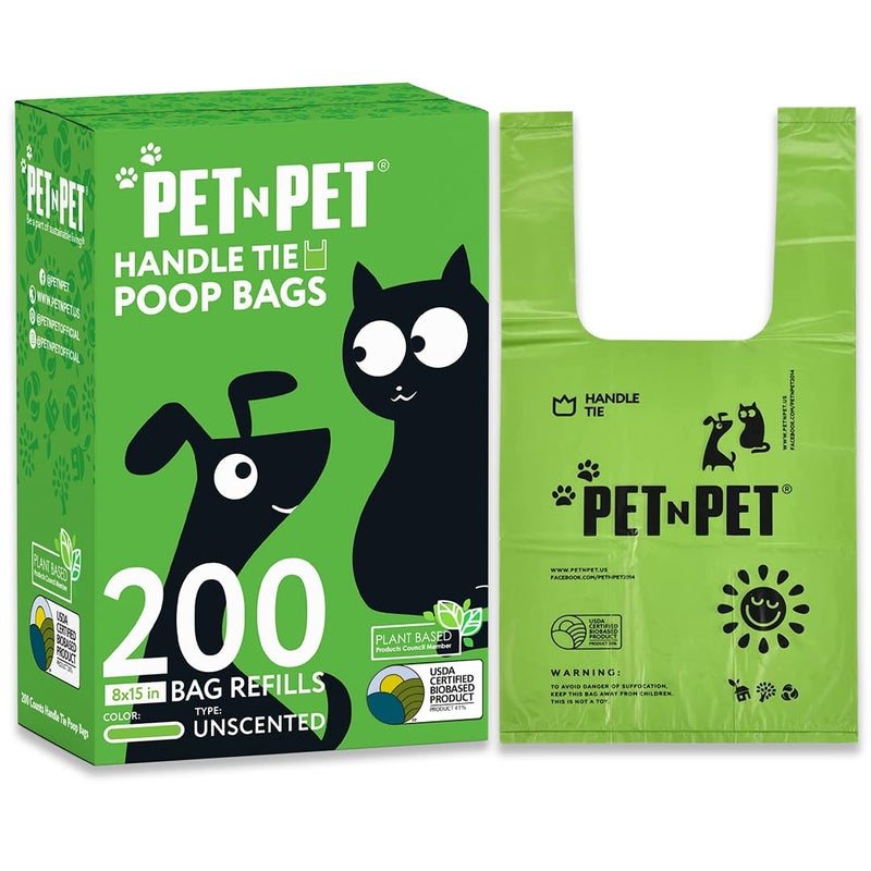 Pet N Pet 200 Counts Unscented Dog Poop Bags Rolls with Tie Handles, 41% Plant Based & 59% PE Poop Bags for Dogs, Extra-Thick Doggie Poo Bag, Pet Waste Bag - Image 1